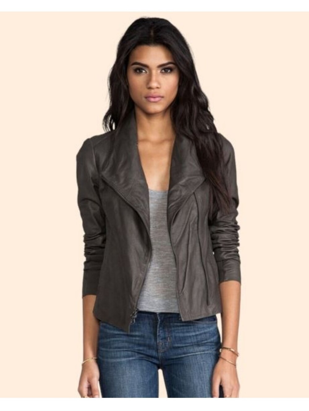 Vince Paper Leather Scuba Jacket Asymmetrical Zip Dark Taupe Brown Small